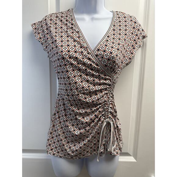 Max Studio Top Womens X-Small White Blouse Shirt Ruched Wrap Knit Career New - Picture 2 of 13